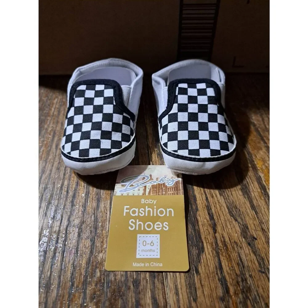 New 0-6 Month Size 1 Haozay Black White Checkered Canvas Elastic Slip On Shoes